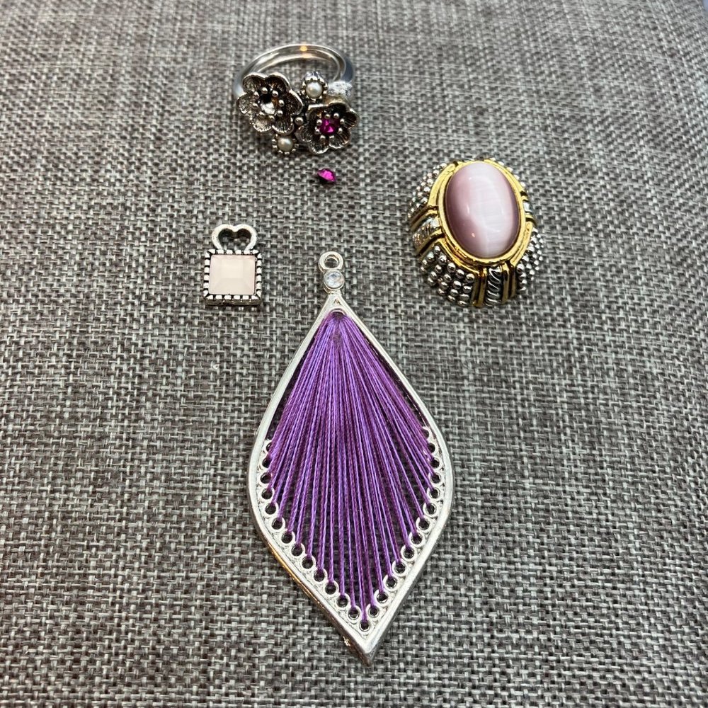 Pendant Ring Lot As Is DIY Craft Repurpose Upcycle Silver Gold Purple Flower